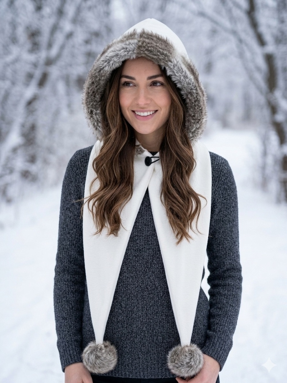 Cozy White Fleece Hooded Scarf with Faux Fur Trim and Pom-Poms - Winter